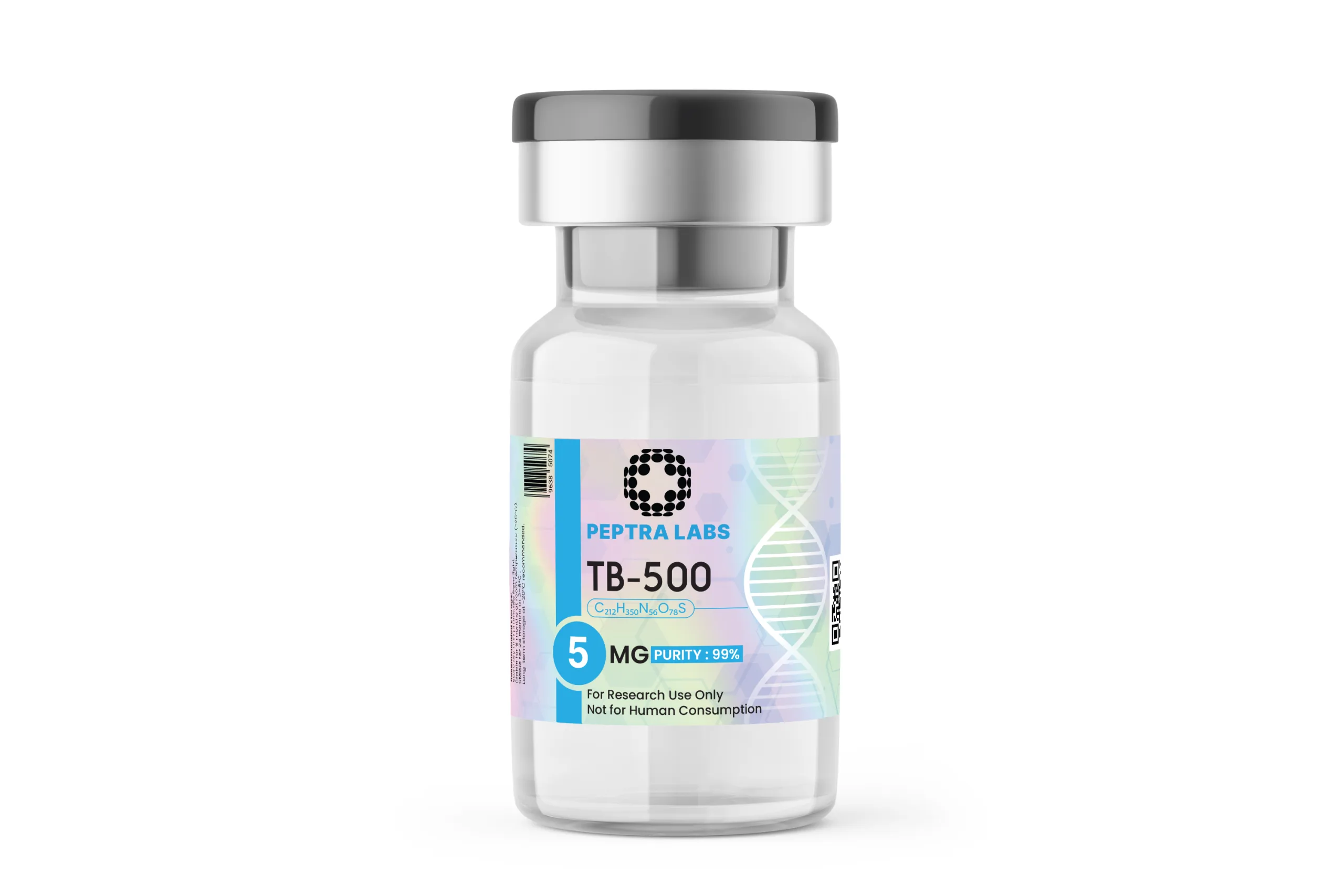 TB-500 5 mg – research peptide vial, Peptra Labs TB-500 5 mg – research peptide vial, label purity 99%, Peptra Labs