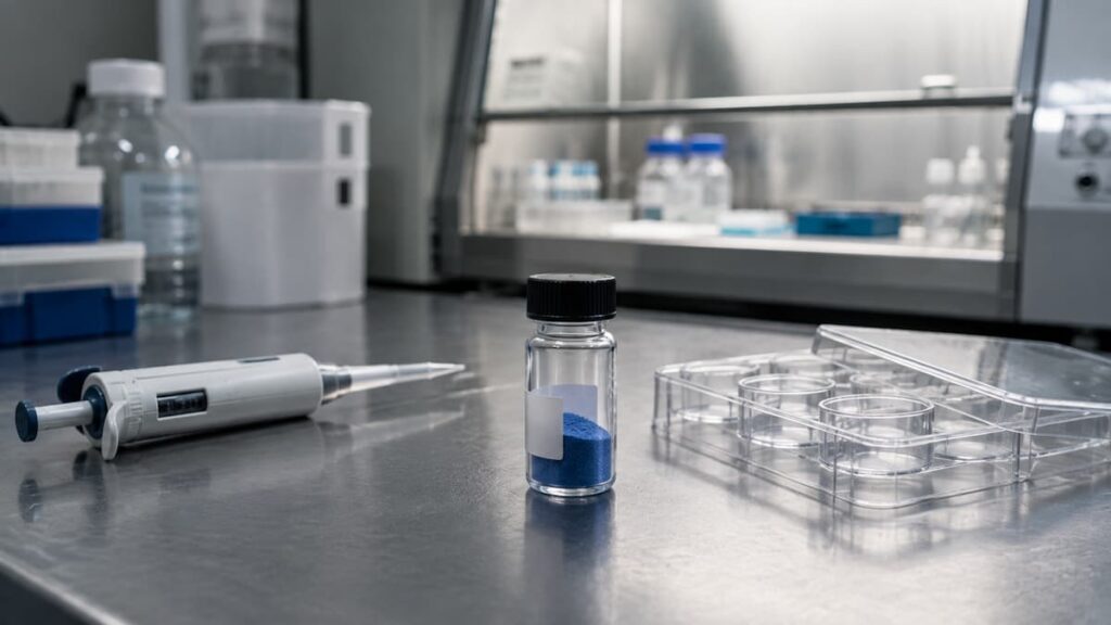 A small labelled vial of blue powder on a laboratory bench beside a pipette and a cell culture plate, in a setting used for GHK-Cu skin research.