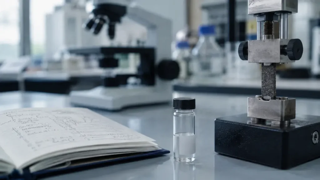 A labelled glass vial on a laboratory bench beside an open notebook and a benchtop testing clamp, in a setting used for BPC-157 and TB-500 tendon healing research.