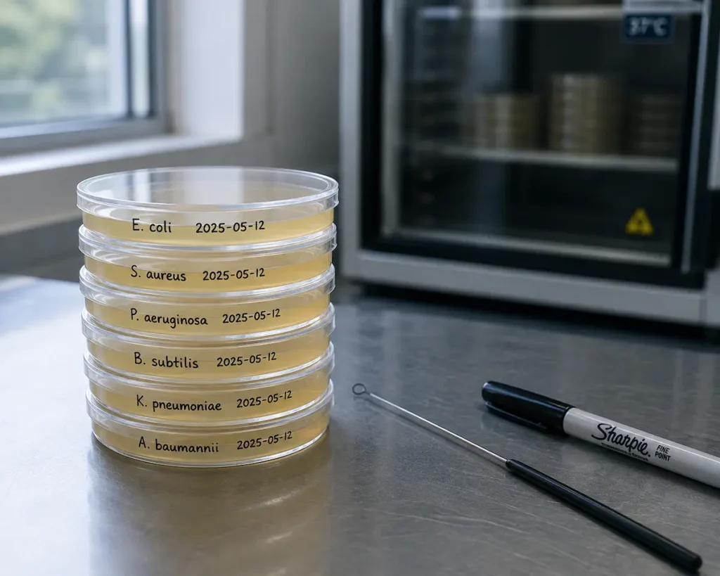 A bacterial culture plate on a laboratory bench, of the kind used in the MOTS-c antibacterial experiments.