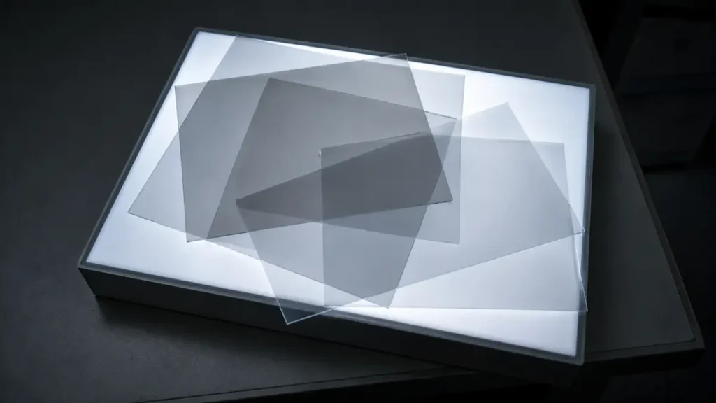 Blank transparent sheets stacked on a light box, the layers darkening where they overlap, as in this GLP-1 umbrella review.