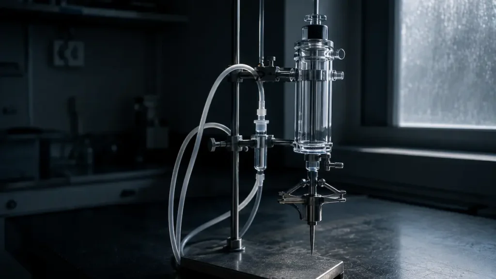 An unused isolated heart perfusion rig backlit on a laboratory bench, of the kind behind cardiac work like the MOTS-c literature.