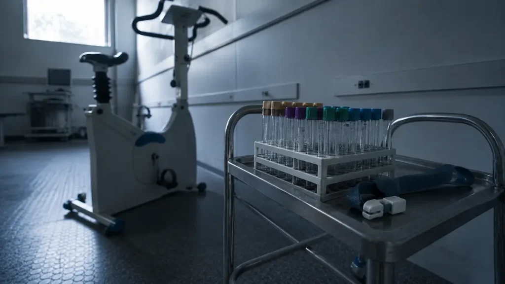 Empty blood tubes on a trolley beside an unused cycle ergometer, of the kind used to measure MOTS-c before and after exercise.