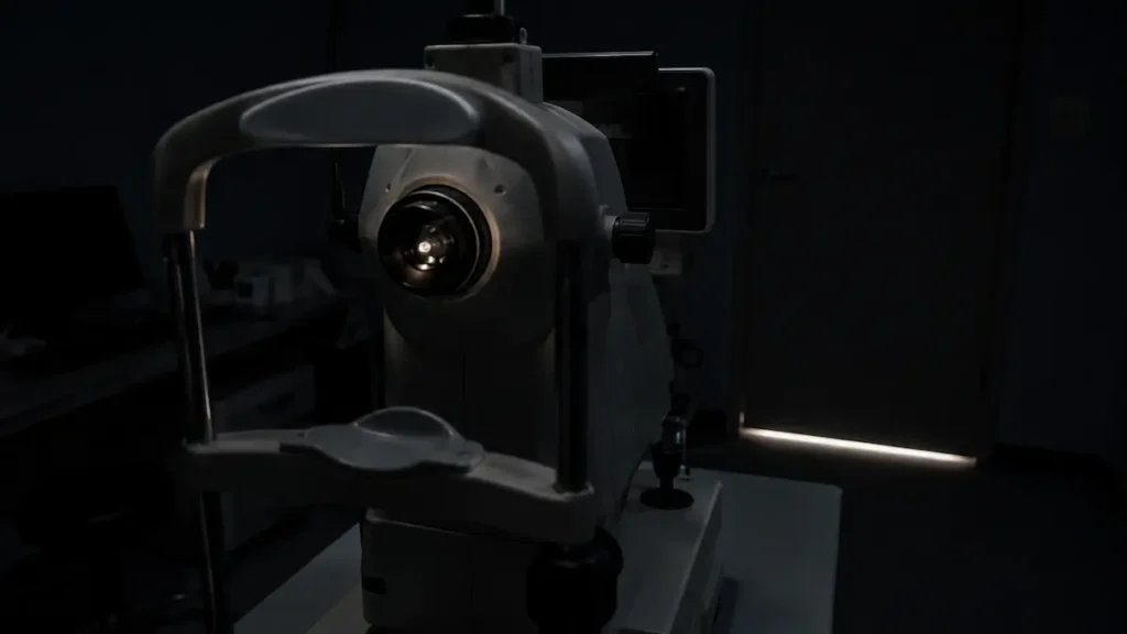 A fundus camera lit only by its own illuminator in a darkened room, of the kind used to diagnose the eye events in the semaglutide cohort.