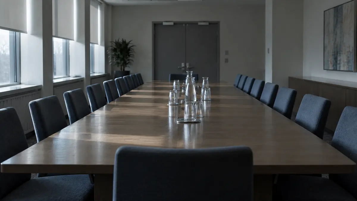An empty committee room with a long table and identical chairs, the setting where GLP-1 guidelines get written.
