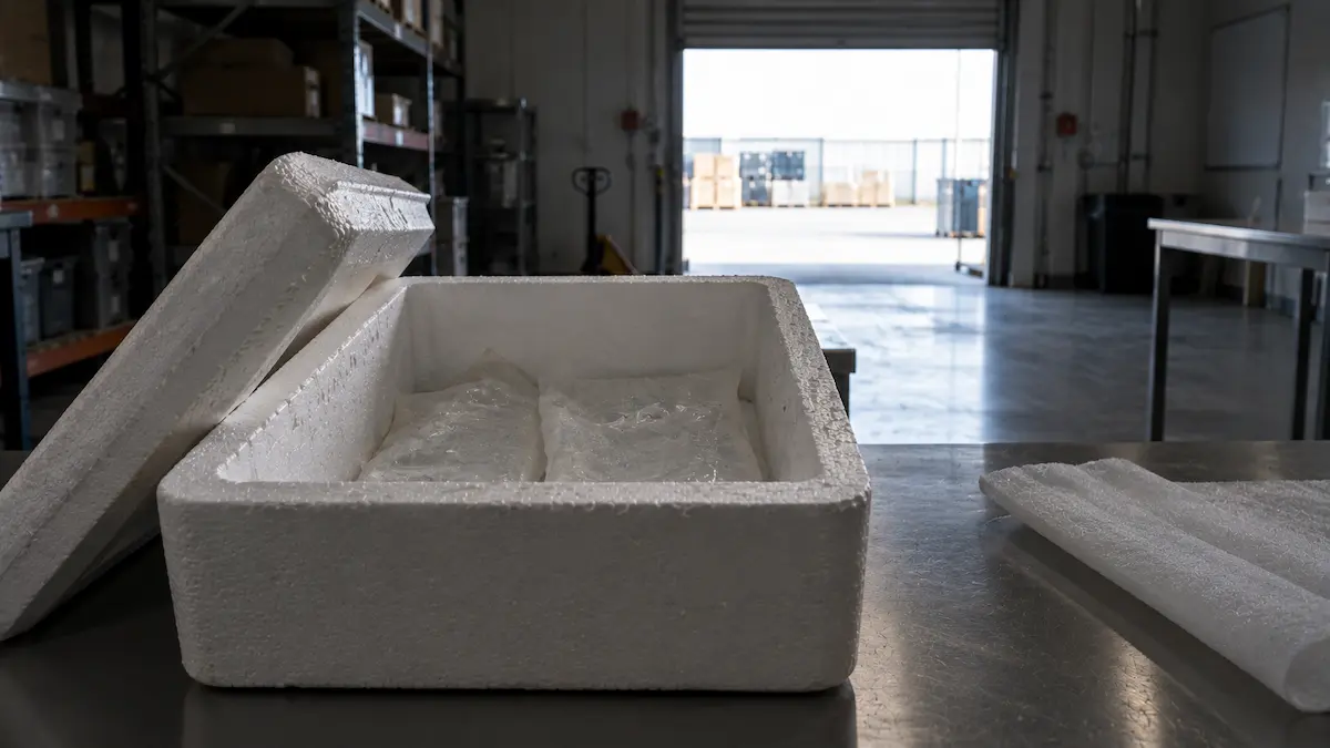 An opened polystyrene shipper with fully thawed gel packs on a goods-in bench, the transit question MSK raises about wellness peptides.