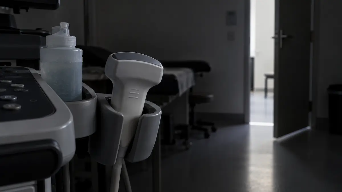 An ultrasound transducer resting in its cradle in a darkened echo room, the instrument that produced the tirzepatide remodelling figures.
