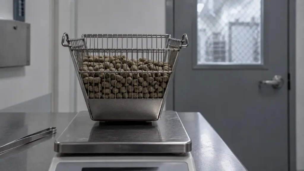 A rodent cage food hopper full of pellets sitting on a laboratory balance, the intake measurement the nanocarriers study left unchanged.