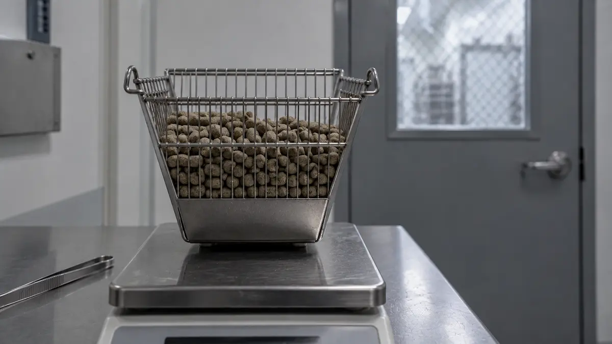 A rodent cage food hopper full of pellets sitting on a laboratory balance, the intake measurement the nanocarriers study left unchanged.