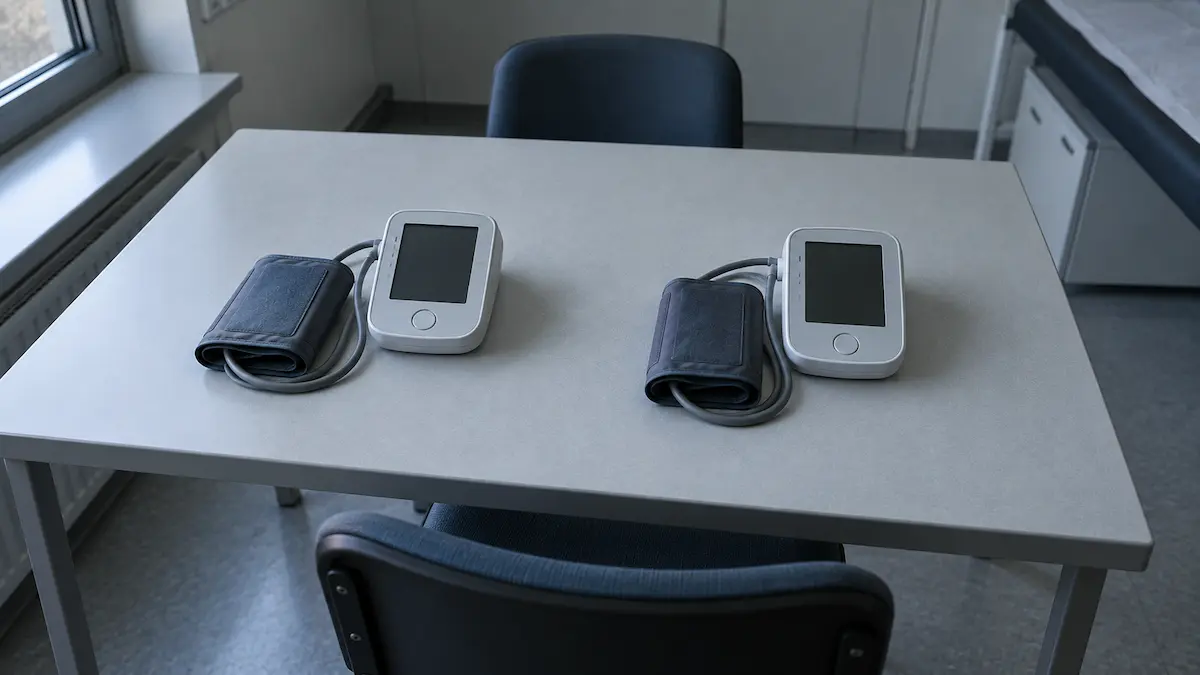 Two identical blood pressure monitors on a bare clinic desk with screens dark, the measurement that came out equal in this GLP-1 comparison.