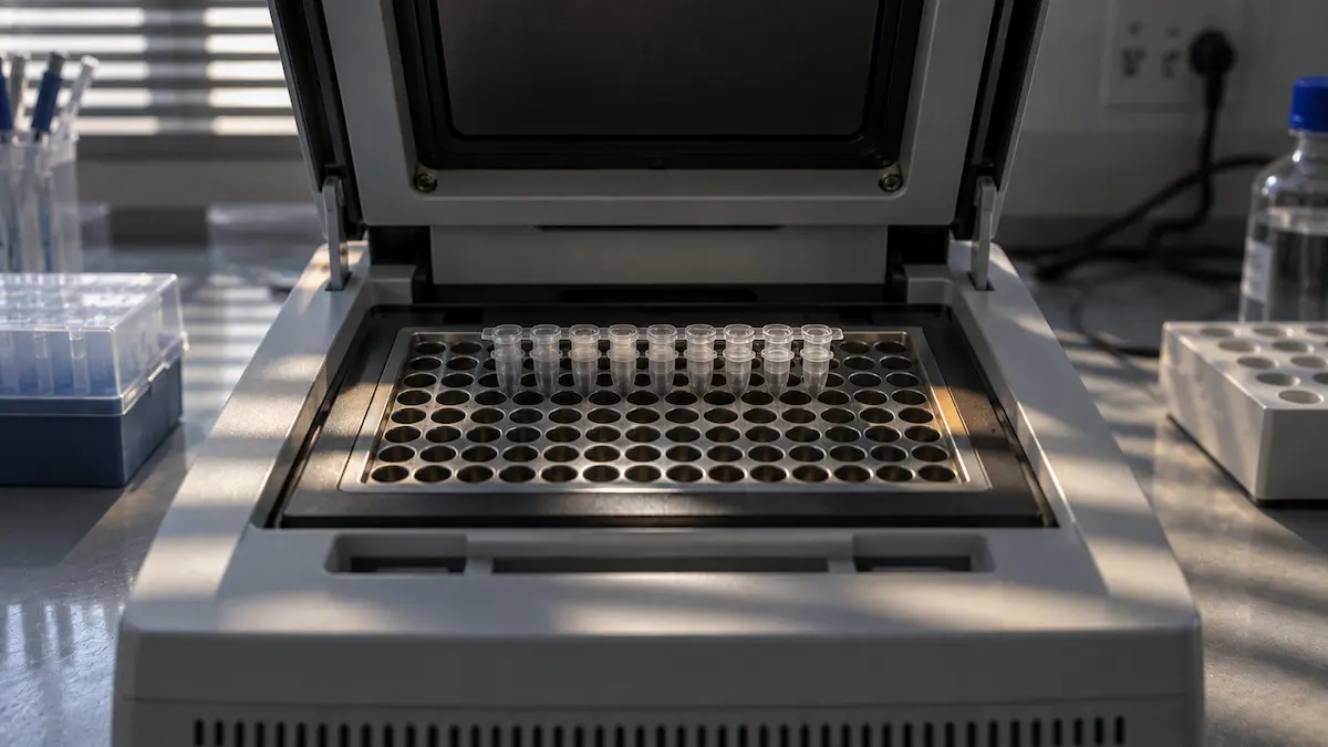 An open thermocycler with a strip of tubes in the block under slatted light, the genetic confirmation behind this tirzepatide case report.