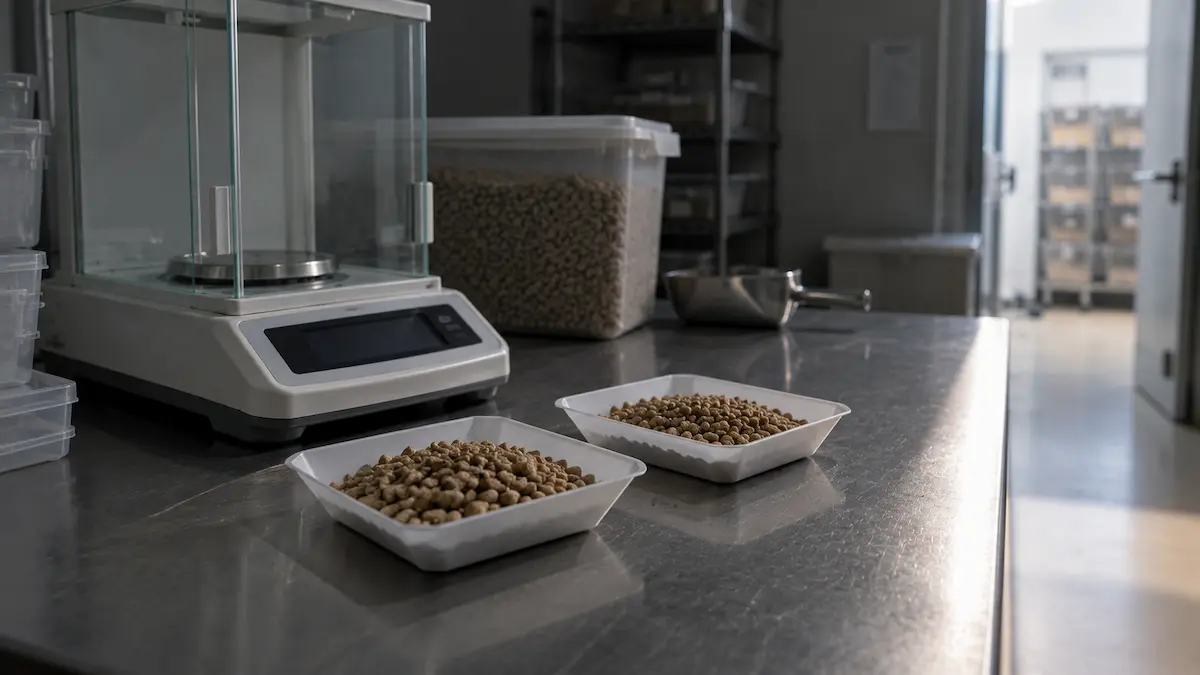 A balance holding two identical measured portions of feed, the pair-feeding step that separates weight loss from the semaglutide effect.