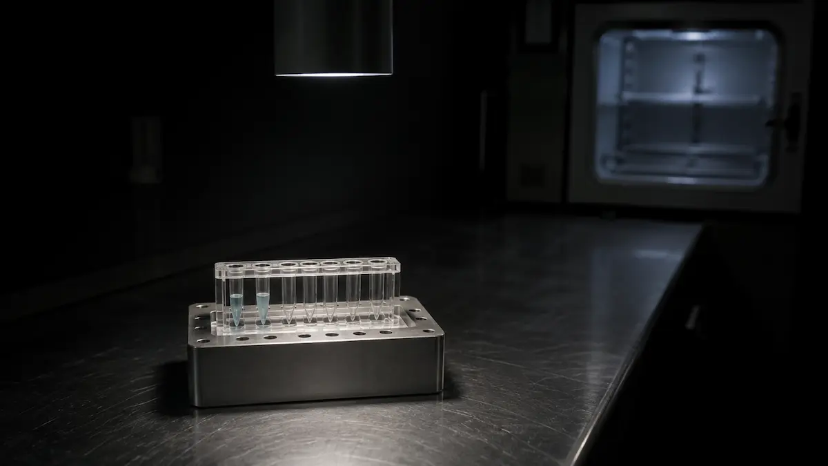 A single-cell partitioning cartridge on a chilled block with only two channels loaded, the tissue arm behind this semaglutide analysis.