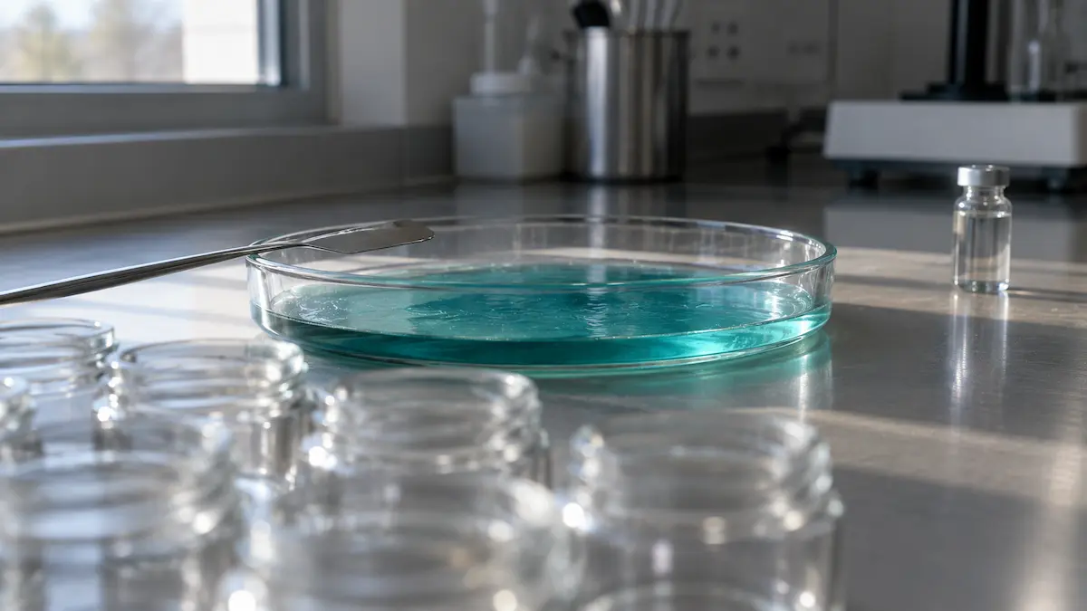 A shallow glass dish of blue-green solution on a formulation bench, the topical form in which the GHK-Cu human trials were done.