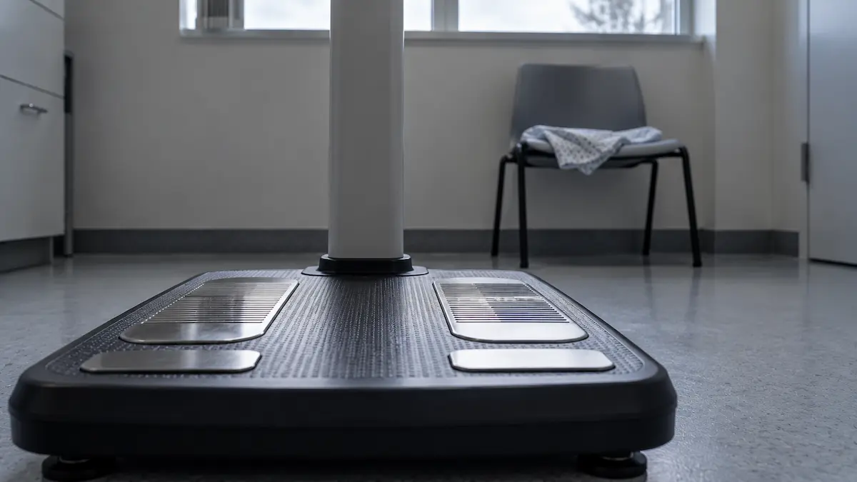 A clinical body composition analyser standing unused in a bare measurement room, the instrument behind the tirzepatide fat-free mass figure.