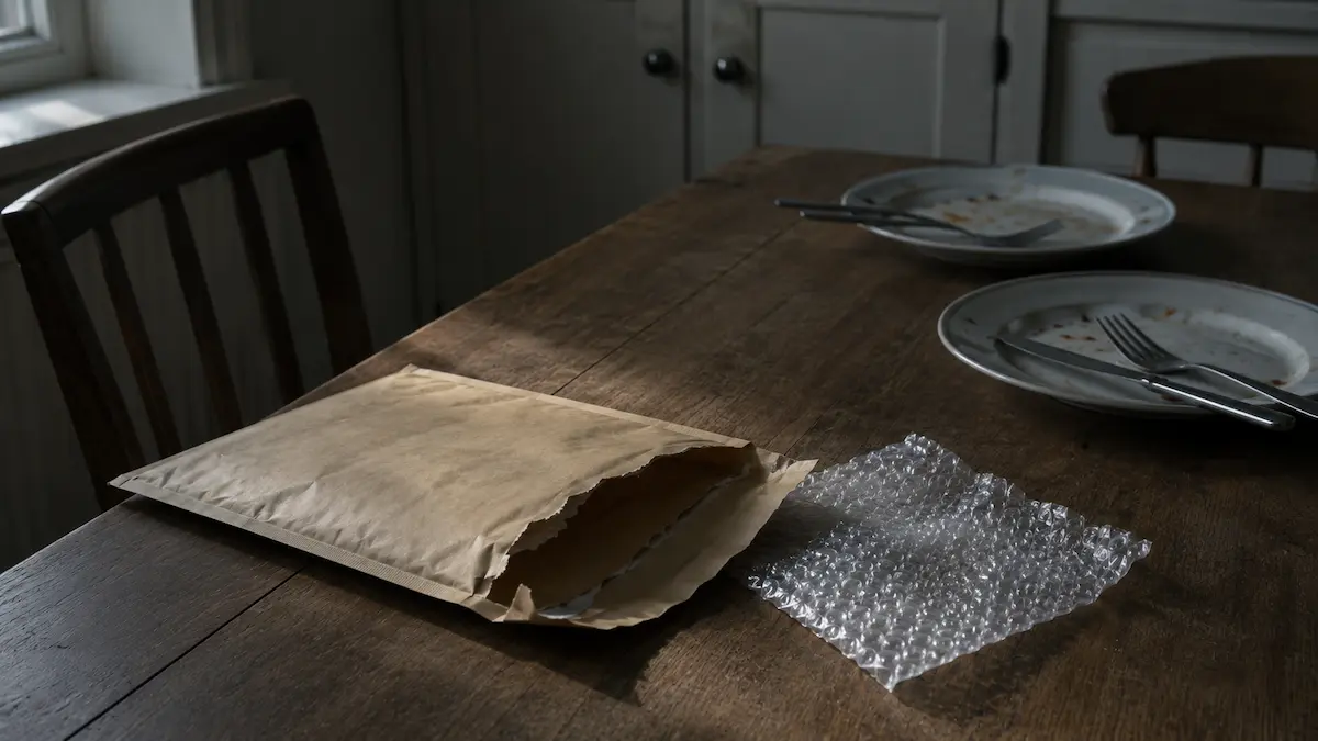 An opened plain mailer and two used plates on a kitchen table, the two overlapping explanations in this retatrutide case report.