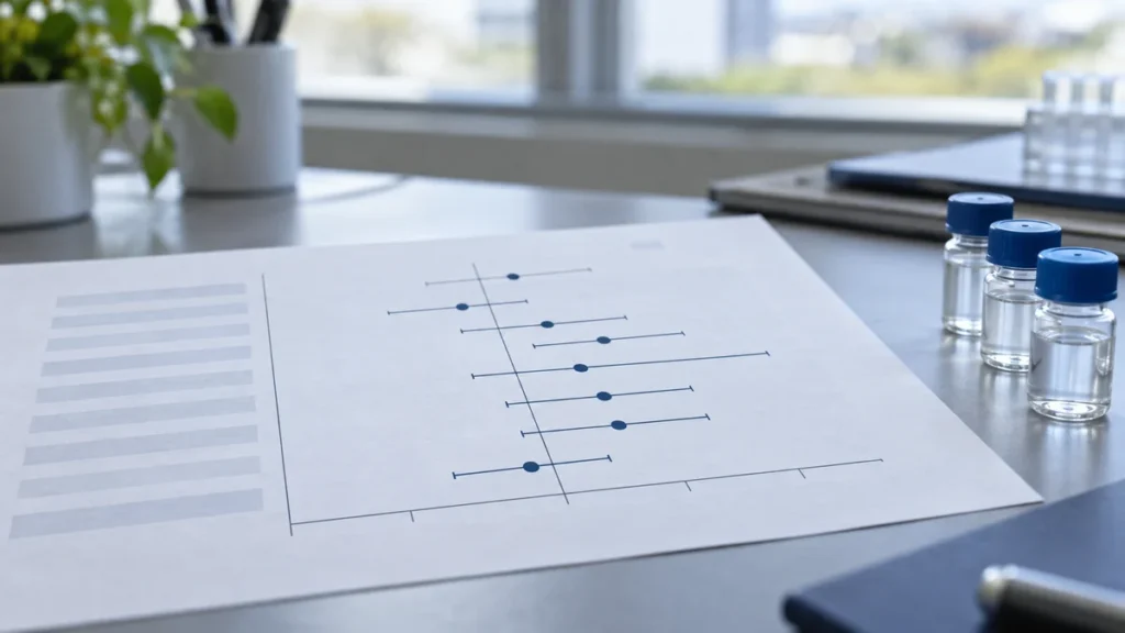 Statistical forest plot with confidence intervals beside research vials