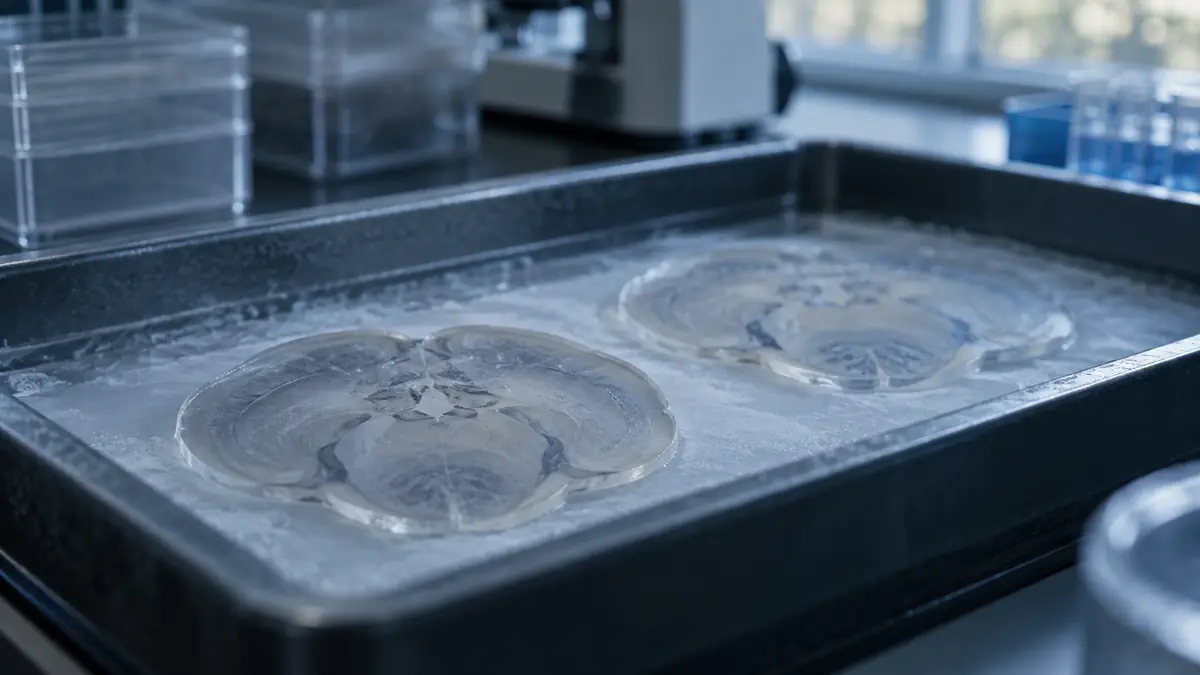 GLP-1 receptor agonists study represented by paired unlabelled brainstem sections in a research imaging tray.