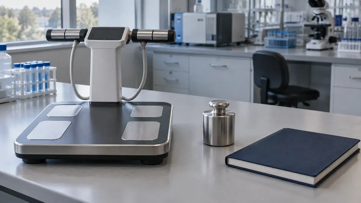 GLP-1 research represented by a body-composition scale with an unlabelled calibration weight in a quiet laboratory.