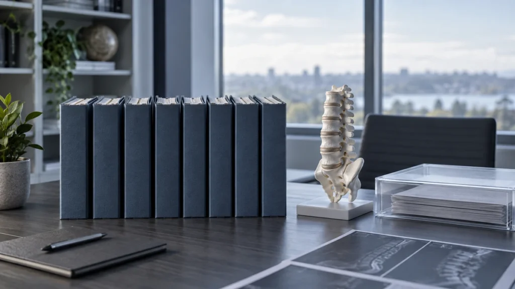 GLP-1 research represented by seven unlabelled cohort folders beside a neutral lumbar-spine planning model.