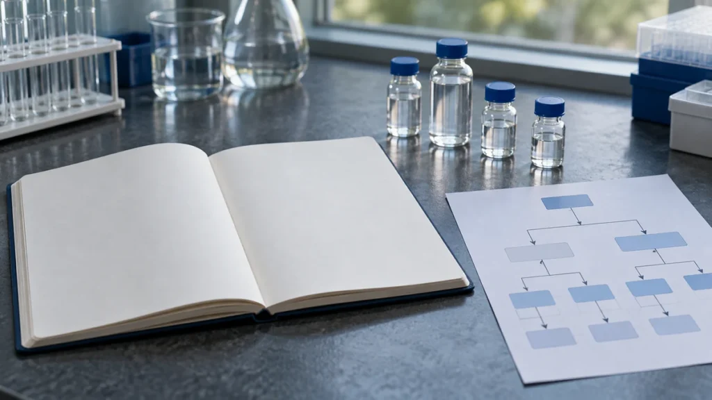 Retatrutide trial flow diagram beside a laboratory notebook and sample vials
