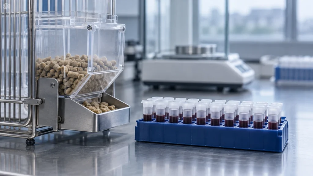 Retatrutide combination study represented by paired plasma-sample racks beside a metabolic-cage feed hopper.