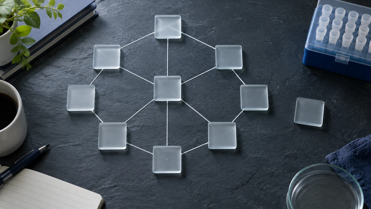 Semaglutide research represented by ten unlabelled translucent data tiles connected on a kidney-outcome analysis board.