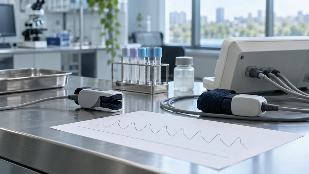 Semaglutide research represented by a vascular-sensor clip and paired unlabelled biomarker tubes on a clinical research tray.
