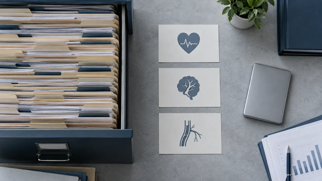 Semaglutide research represented by a claims-record archive drawer beside neutral cardiovascular endpoint