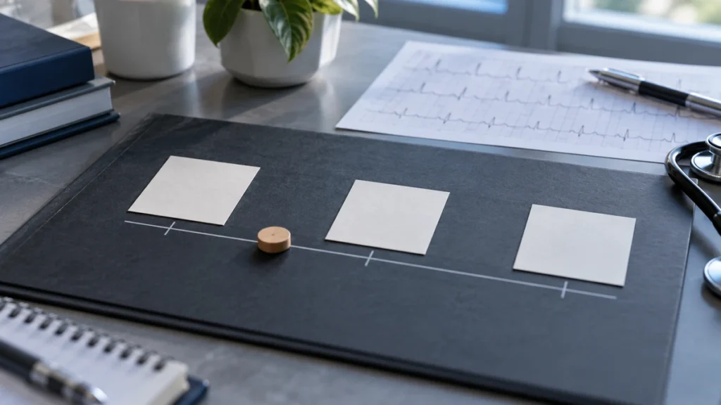 Semaglutide research represented by three unlabelled percentile cards arranged beside a blinded trial ledger.
