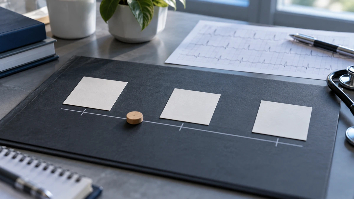Semaglutide research represented by three unlabelled percentile cards arranged beside a blinded trial ledger.
