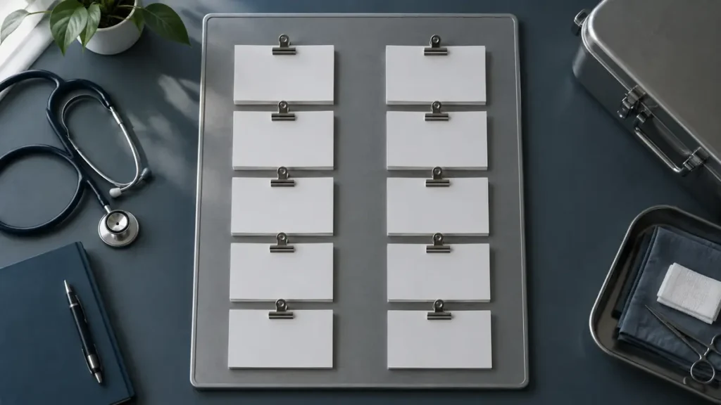 Tirzepatide study represented by two balanced sets of anonymous preoperative record cards on a surgical planning board.