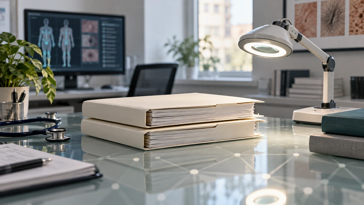 Tirzepatide cohort study represented by paired anonymous clinical-network folders beside a dermatology examination light.