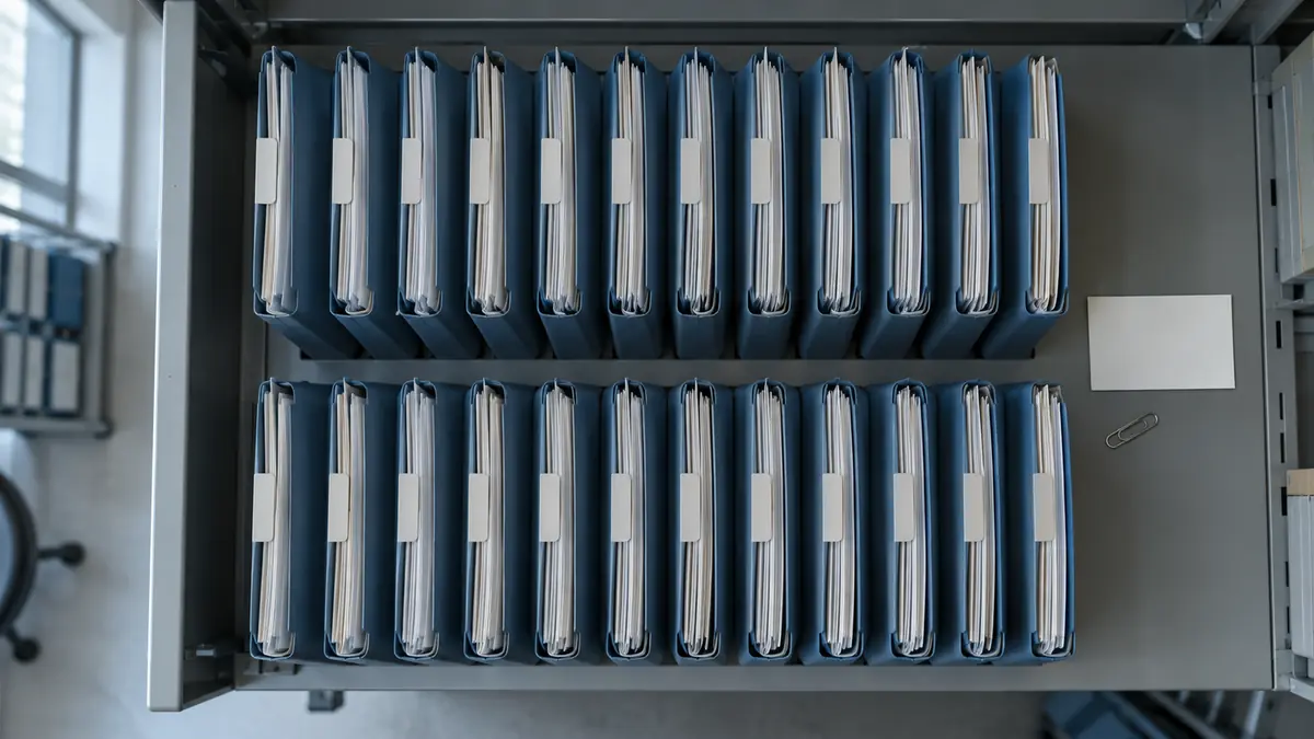 Tirzepatide research represented by matched patient-record folders aligned in pairs on a clinical research archive shelf.