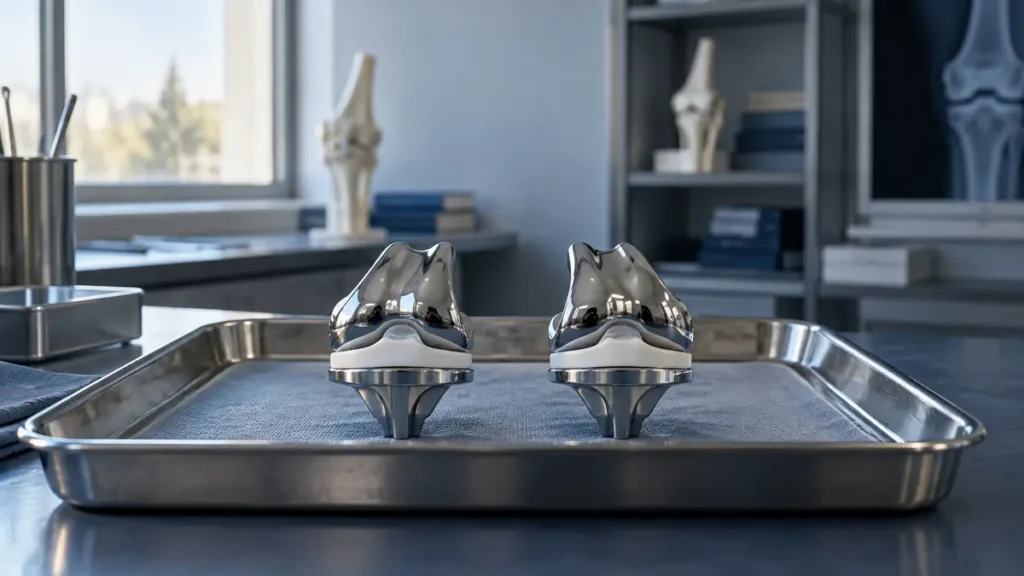 Tirzepatide study represented by two matching knee-implant models on a clinical research tray.