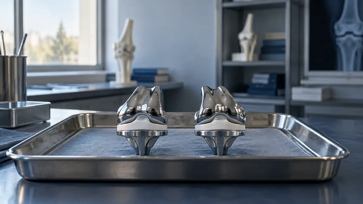 Tirzepatide study represented by two matching knee-implant models on a clinical research tray.