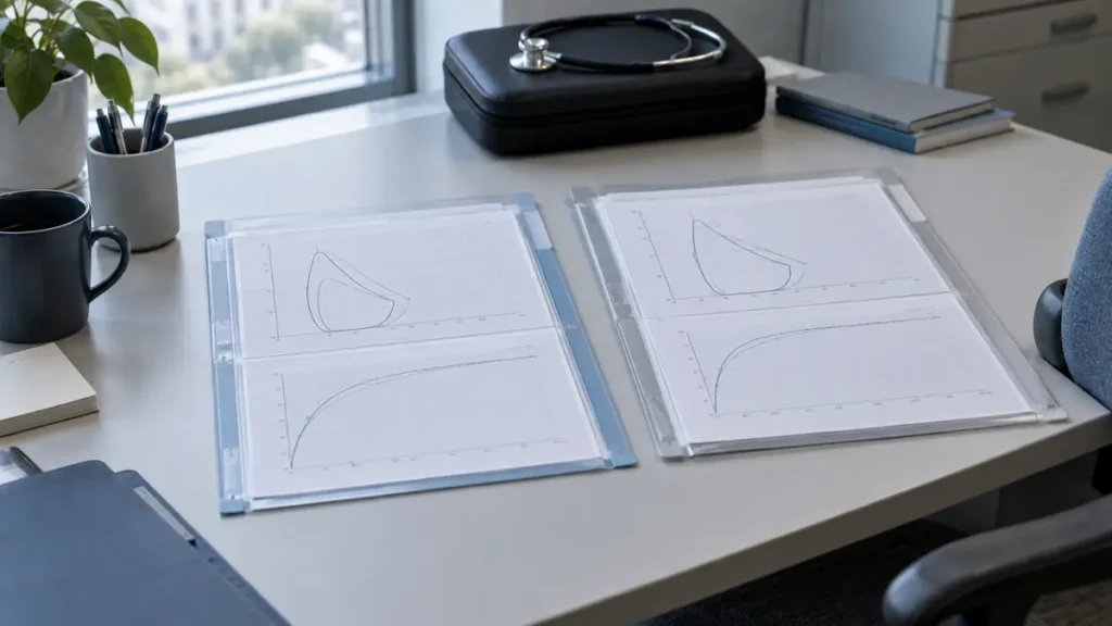 Tirzepatide research represented by paired lung-function printouts aligned on a clinical-data desk, with no readable text.