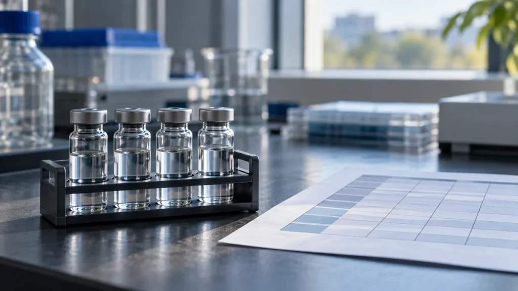 Unlabelled research vials beside a retatrutide trial safety table