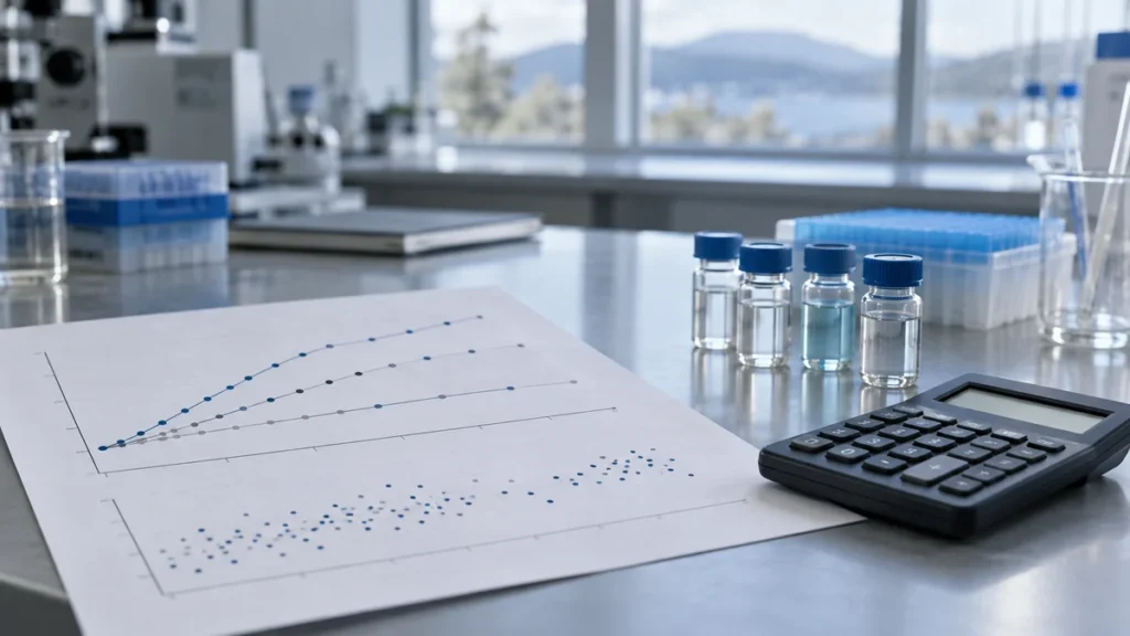Pharmacovigilance analysis with research vials and a laboratory chart