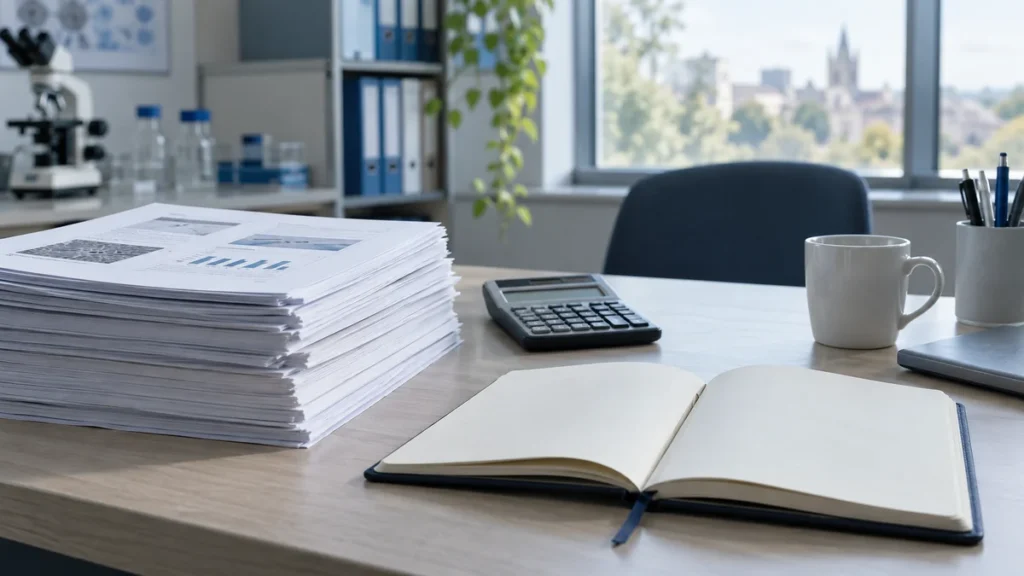 GIP receptor research papers beside a blank notebook and calculator