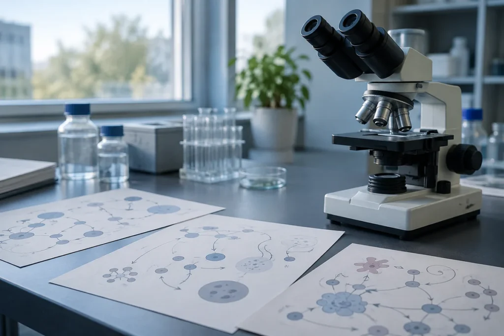 GLP-1 gastrointestinal effects pathway diagram beside a laboratory microscope