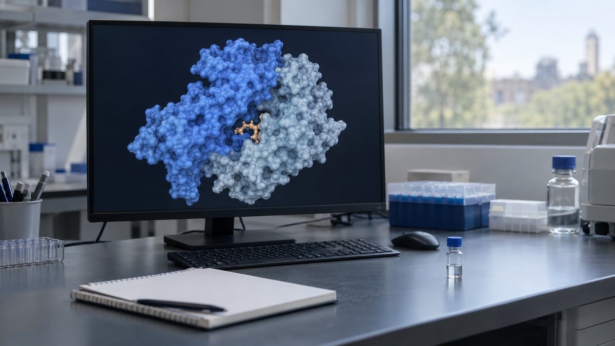 Tirzepatide GLP-1R simulation shown on a laboratory monitor