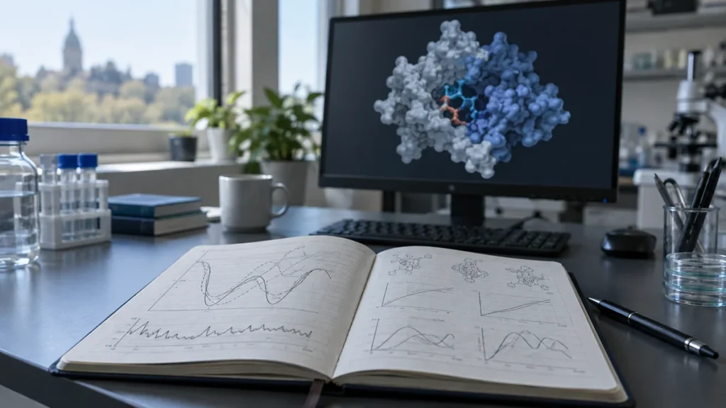 Molecular simulation charts in a research notebook