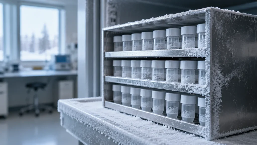 Research vials in a laboratory freezer