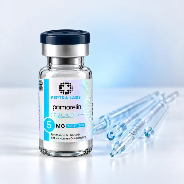 Ipamorelin vial next to laboratory pipettes, growth hormone and endocrine research category