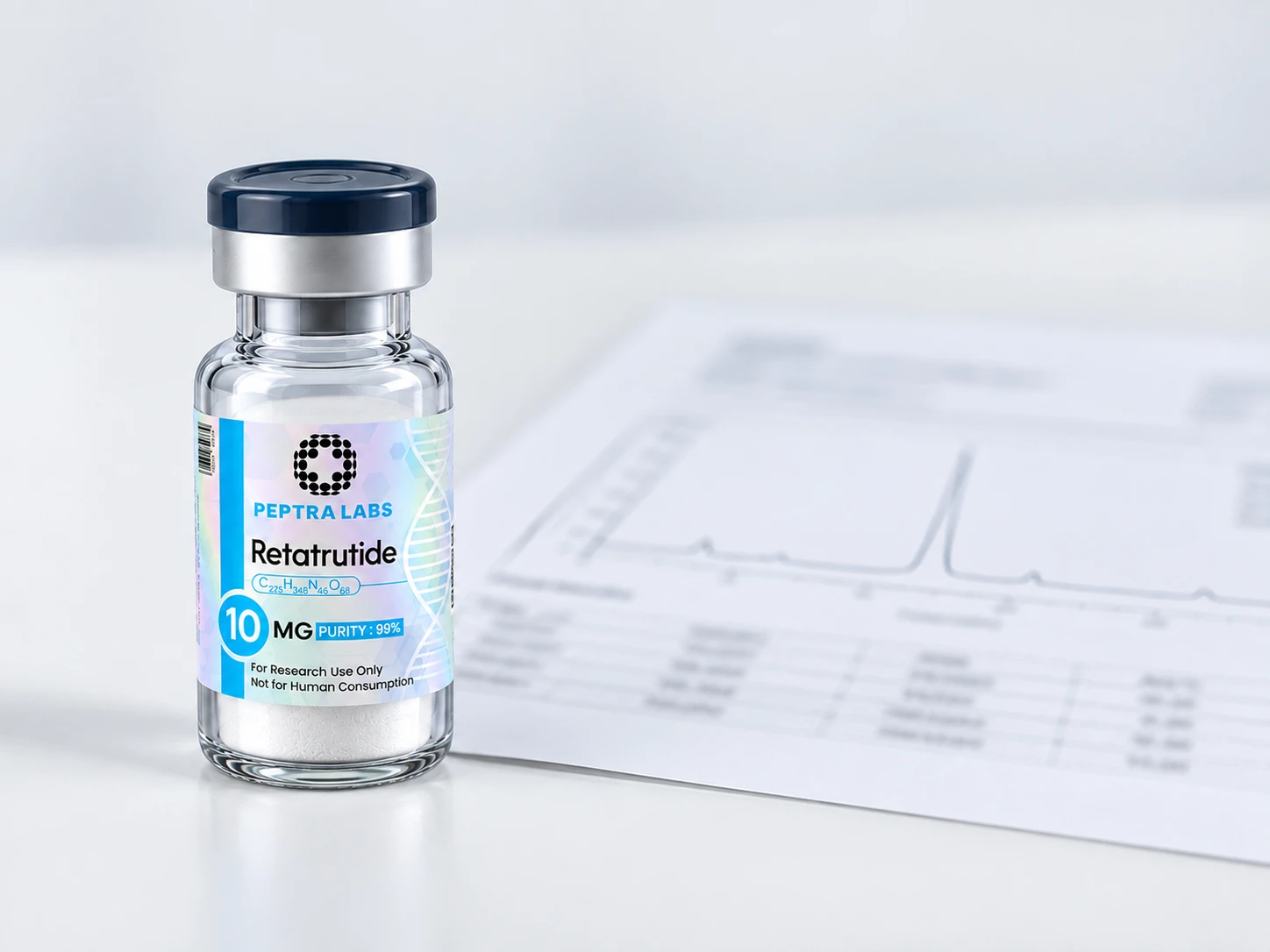 Retatrutide vial next to an HPLC analysis report