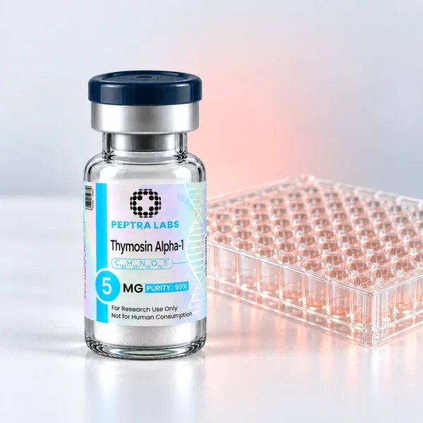 Thymosin Alpha-1 vial next to a well plate, immune and inflammatory research category