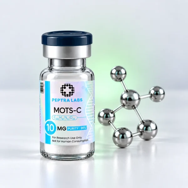 MOTS-c vial next to a molecular model, longevity and cellular energy research category