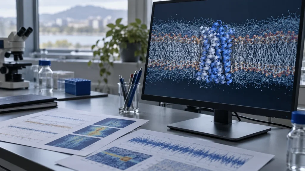 Membrane protein simulation on a laboratory monitor