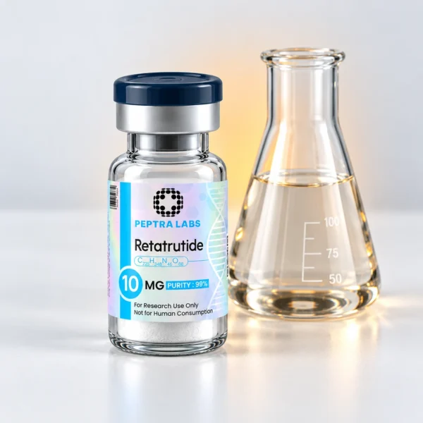 Retatrutide vial next to an Erlenmeyer flask, metabolic research category